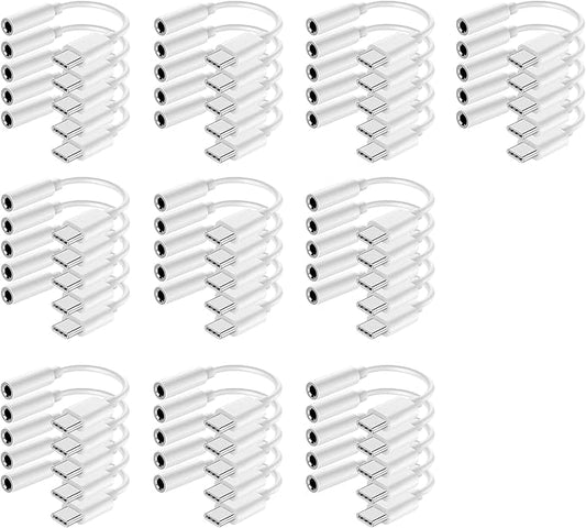 USB-C to 3.5 mm Headphone Jack Adapter,USB C to Aux Audio Dongle Cable Cord Compatible with iPhone 15 16 17 Series, Galaxy S23/S22 Ultra Headphone Adapter (White, 50 Pack)