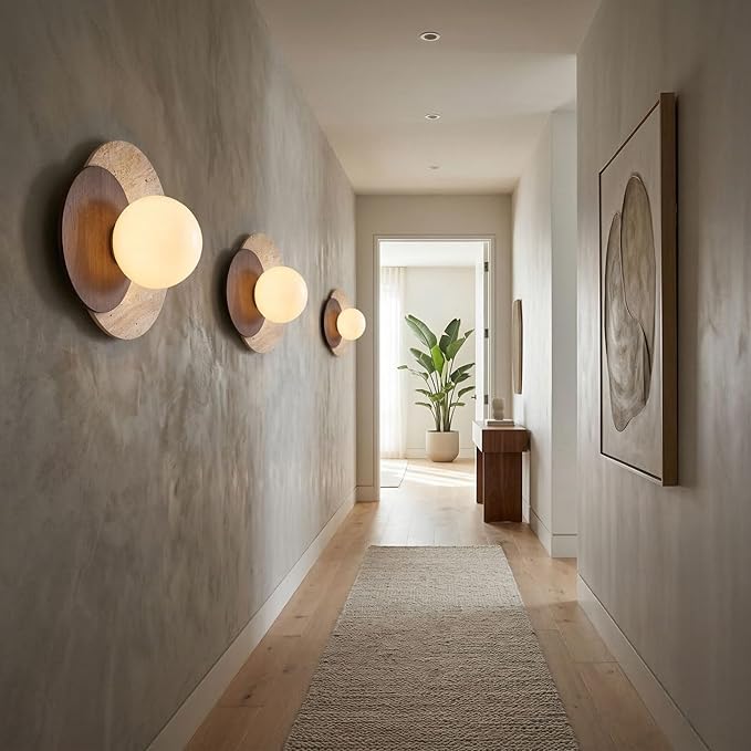 Marble Wall Lamp, Bathroom Vanity Light Fixtures, Wall Mount Lamp, Over Mirror, Stone Wall Sconces, Vintage Wall Light with Wood and Stone Shade, for Porch Workshop Kitchen Living Room