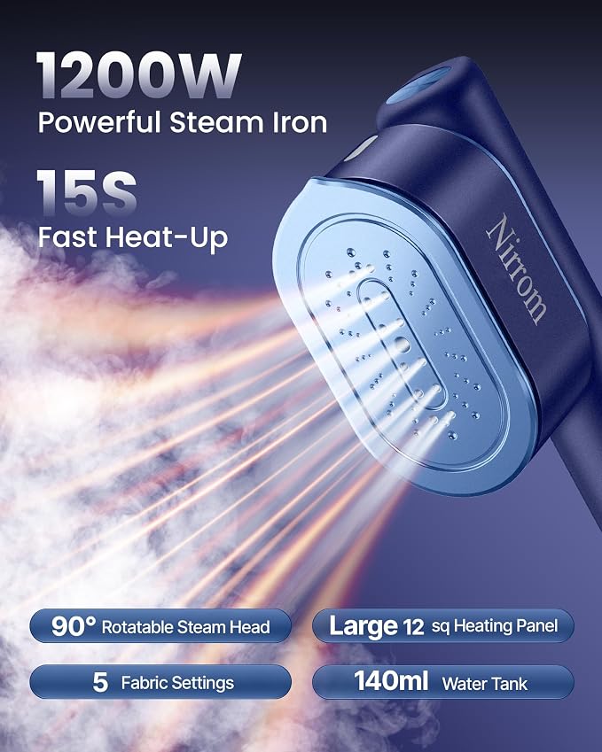 Travel Steamer for Clothes, 110-240V Dual Voltage, 1200W Fast Heat in 15s, Portable Handheld Garment Steamer & Iron 2 in 1 with 140ml Tank & 5 Fabric Settings for Business, Global and Europe
