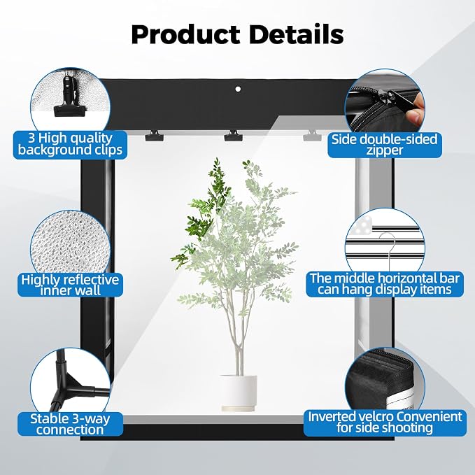 Photo Light Box, Portable 47"x20"x55" Photo Studio Light Box, Shooting Tent Kit with 576 Light Beads and 3 Color Backdrops. Large Lightbox with 6 Stepless Dimming Light Boards for Photography