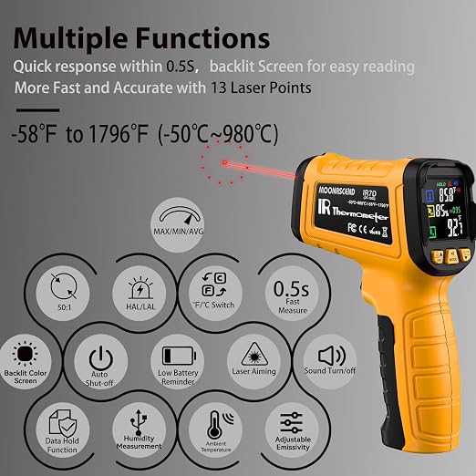 Infrared Thermometer Temperature Gun, 50:1 Dual-Mode Temp Gun -58°F to 1796°F with K-Type Thermocouple for Internal Readings, for Kilns, Industrial, and HVAC Applications