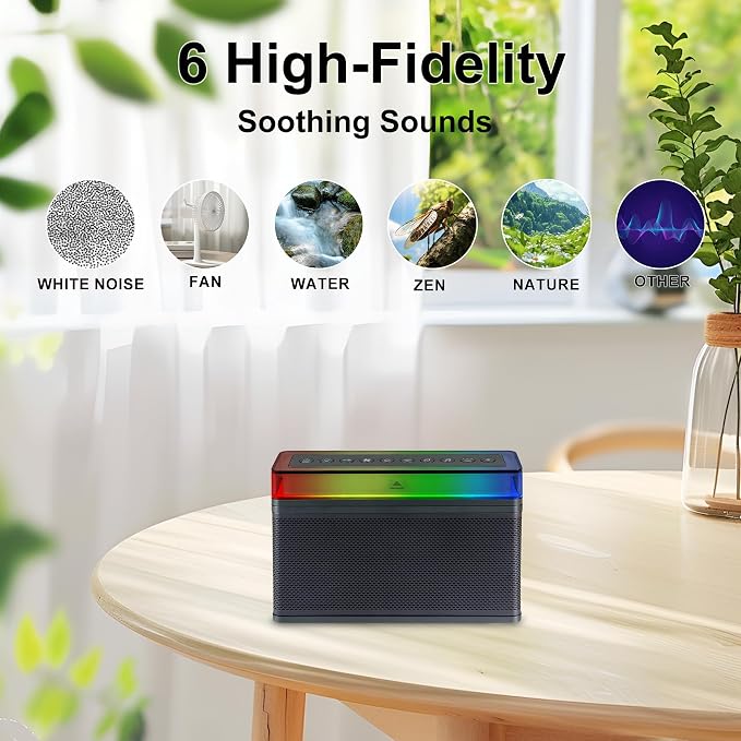LUXSWAY Bluetooth White Noise Machine with 70 Sounds,LED Bedside Lamp,USB Rechargeable,Adjustable Brightness,Timer & Bluetooth Speaker Machine for Sleep, Relaxation and Reading
