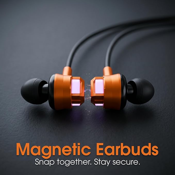 MANHATTAN Bluetooth Wireless Neckband Headphones — Work Earbud Earphones with 15H Playtime, Noise-Isolating, IPX4 Water Resistant, Built-in Mic – for Work, Music, Calls (Black/Orange)