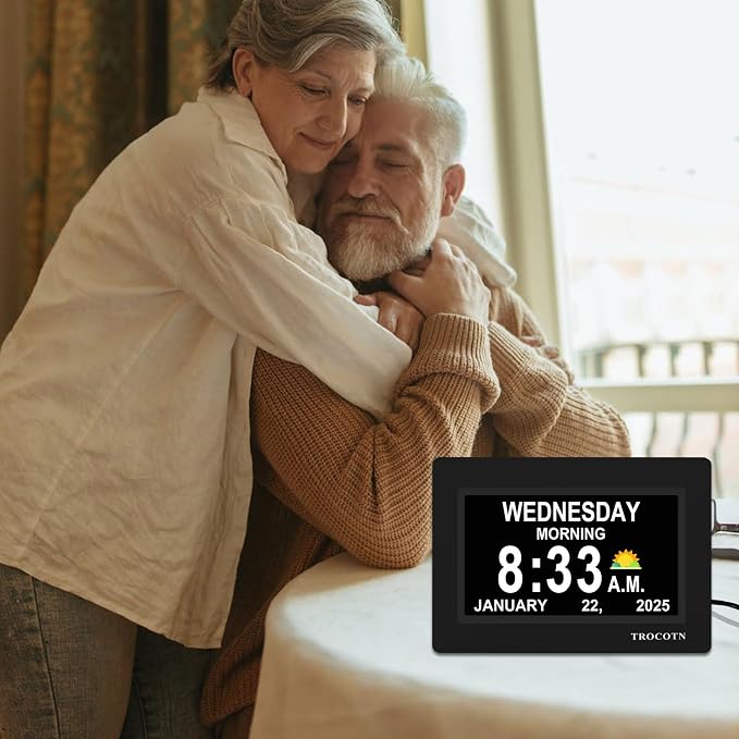 TROCOTN Dementia Clocks, Large Display Calendar Alarm Clock with Auto DST for Seniors, 5 Display Modes Large Font Digital Clock with Custom Alarms Day Date Clocks. (7 Inch Black)