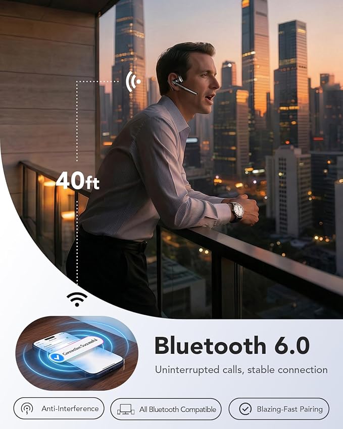 Bluetooth Headset V6.0, Open Ear Wireless Earpiece with Noise Canceling Mic, 96H Talking Time with the 950 mAh Charging Case for iOS Android Laptop, Headphones with Mute Button for Trucker Work