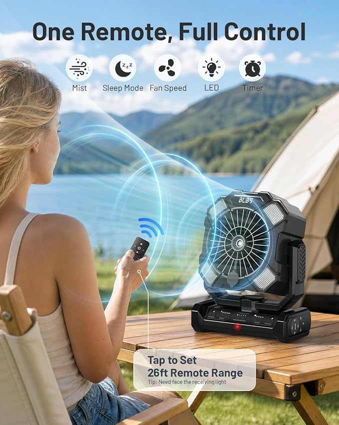 BLBS Misting Fan, Portable Camping Fan with 11oz Water Tank, 160Min Misting, 24000mAh Battery Powered Fans with 4 Speeds, 4 Timers, Light & Hook, Must-Have for Camping, Fishing, Beach & Hiking