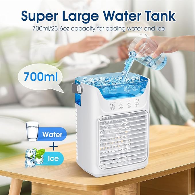 Portable Air Conditioner 4-in-1, Air Cooler with Humidifier, Desktop Cooling Fan, 700ML, 2 Cold Fog, 3 Automatic Timing, 7 Color Night Light