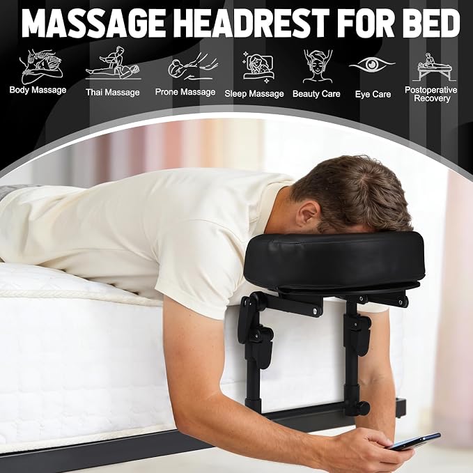 Massage Headrest for Bed with Storage Bag Scalp Massager, Adjustable Leather Home Bed Massage Head Holder for Mattress, Black Massage Face Cradle Face Down Pillow
