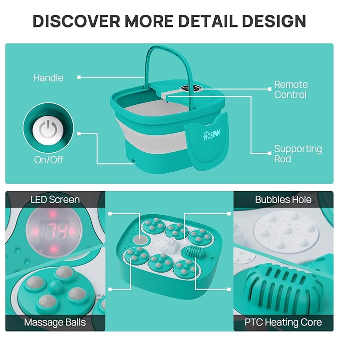 HOSPAN Collapsible Foot Spa Electric Rotary Massage, Foot Bath with Heat, Bubble, Remote, and 24 Motorized Shiatsu Massage Balls. Pedicure Foot Spa for Feet Stress Relief
