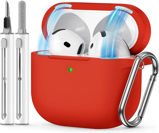 for AirPods 4 Case 2024 Come with Cleaner Kit,Soft Silicone Protective Cover for Apple AirPods 4th Generation Cases with Keychain,Compatible with AirPod 4 Case for Women Men-Magnetic Red