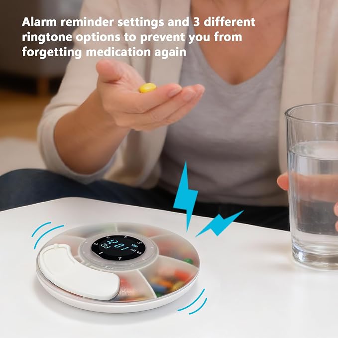 Bluetooth Auto Pill Dispenser w/App Alerts & Alarm Weekly Medicine Pill Organizer with Clear LCD, Tracks Adherence History, Portable for Travel, Large Compartment for Vitamin, Supplements, Fish Oil