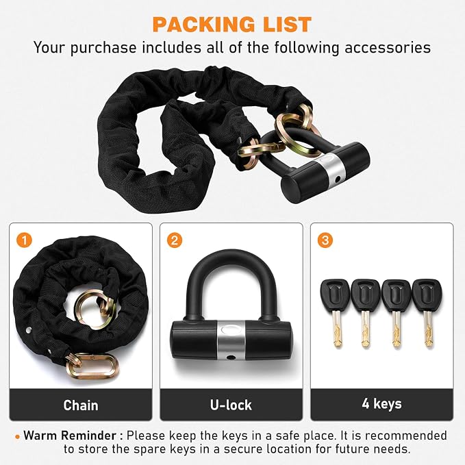 Heavy Duty Motorcycle Chain Lock, 10mm Hardened Steel Anti Theft Bike Lock Chain with U Lock & 4 Keys, 3.9FT Cut Resistant Security Lock for Motorcycle, E-Bike, Scooter, Bicycle, Gate - Gold