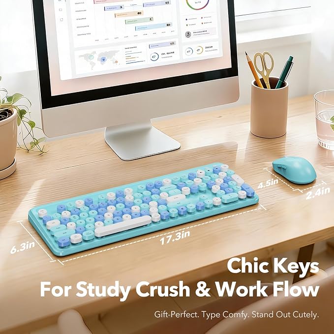 Wireless Keyboard and Mouse Combo, Retro Round Keycaps, Full-Size Cute Typewriter Keyboard with Large Phone/Tablet Holder, Auto-Sleep, 2.4GHz Cordless for Windows/PC/Laptop, Trueque CK13 (Sky Blue)