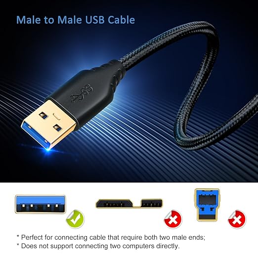 USB 3.0 Type A Male to Male Cable - 2-Pack 3FT/1M Braided USB Cable for Data Transfer, Hard Drive Enclosures, DVD Player, Laptop Cooler and More