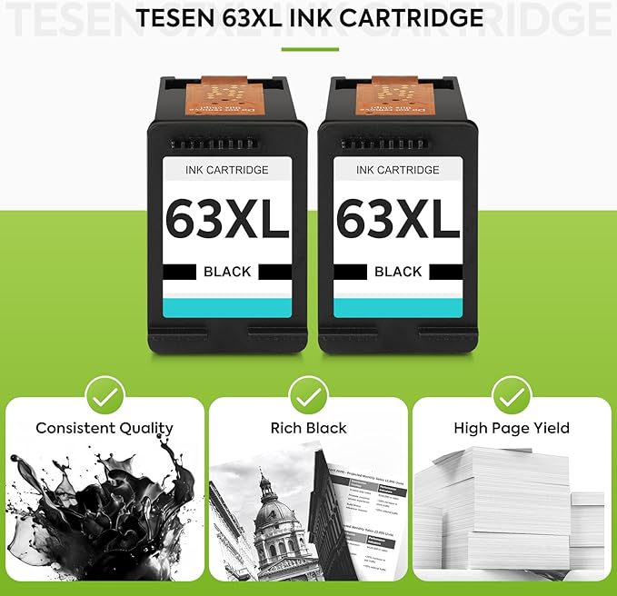63XL Ink Cartridge Replacement for HP Ink 63 HP63 HP63XL Compatible for HP Officejet 4650 5258 5200 3830 5255 4655 4652 5252 Deskjet 3630 3634 1112 Envy 4510 4520 Printer 2-Pack Black