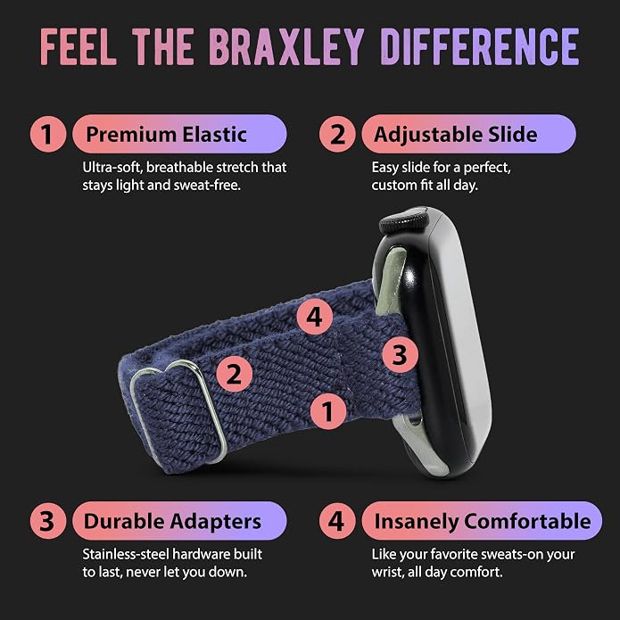 Braxley Bands for Apple Watches - Stretchy and Washable - Adjustable with Apple Watch Bands for Women & Men - Compatible with Apple Watch Series SE Ultra 9 8 7 6 5 4 3 2 1