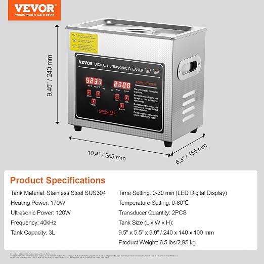 VEVOR Ultrasonic Cleaning Machine with Digital Timer & Heater, Professional Jewelry Cleaner, Stainless Steel Heated Cleaning Machine for Glasses Watch Rings Small Parts Circuit Board (3L)