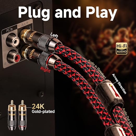 TODN Shielded RCA Audio Cables 10ft Audiophile for HiFi Home Stereo | 4-core-OFC, Ferrite Bead, Noise Reduction, 24K Gold-plated Plug, RCA to RCA, L/R Channel, for CD/Turntables/Phono/Amp/Sub