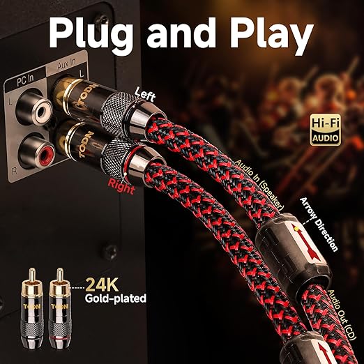 TODN 6.5ft Audiophile RCA Cables Shielded for HiFi Stereo Audio | 4-core-OFC, Ferrite Bead, Noise Reduction, 24K Gold-plated Plug, RCA to RCA, L/R Channel, for CD/Turntables/Phono/Amp/Sub