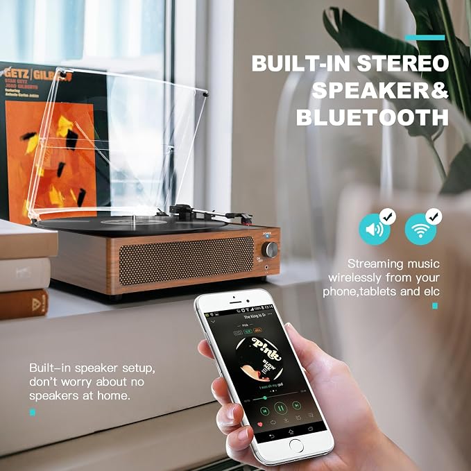 Vintage Record Players for Vinyl with Speakers Belt-Driven Retro Turntable LP Player Support 3-Speed, Bluetooth Playback, AUX-in, Headphone, RCA All-in-one Auto Stop Phonograph Wooden Brown