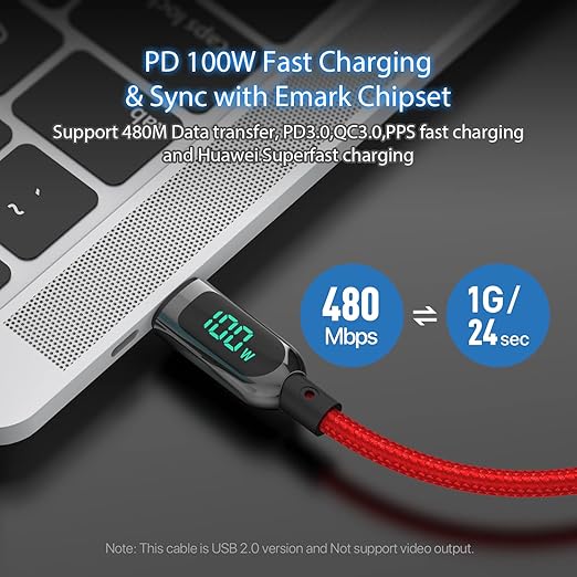 SOOPII 100W 10ft USB C to USB C Cable Fast Charge, Nylon Braided Cable with LED Display for lPhone 15/15 Pro/15 Plus/15 Pro Max,lPad Air,MacBook Pro,Galaxy S24/S23, Pixel, LG (Red)
