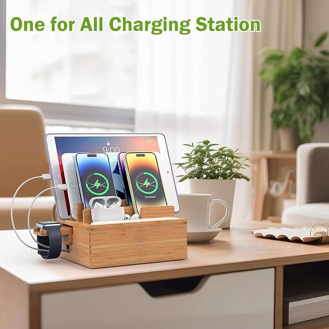 Pezin & Hulin Bamboo Charging Station Holder with 5 Port USB Charger, 5 x Charge Cables, Watch Stand, Wood Docking Stand Electronic Organizer for Multiple Devices, Phones, Tablets and Earpods