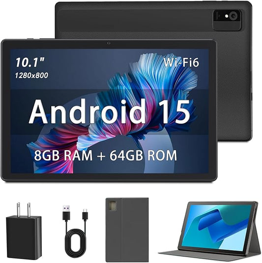 Android 15 Tablet - Tablets for Adults, 10.1 Inch IPS HD Display, 8GB RAM, 64GB Storage, Octa-Core CPU, WiFi 6, GPS, Dual Speakers – Computer Tablet with Case