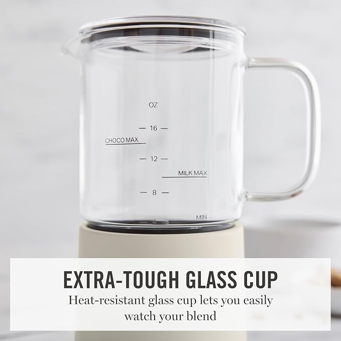 Martha Stewart Milk Frother and Steamer, 10oz/300ml Glass Cup, 4 Presets (Cold Foam, Light, Dense & Hot Chocolate), Ready in 90 Seconds, Cordless Pouring, One-Touch for Hot and Cold Milk, Linen Cream