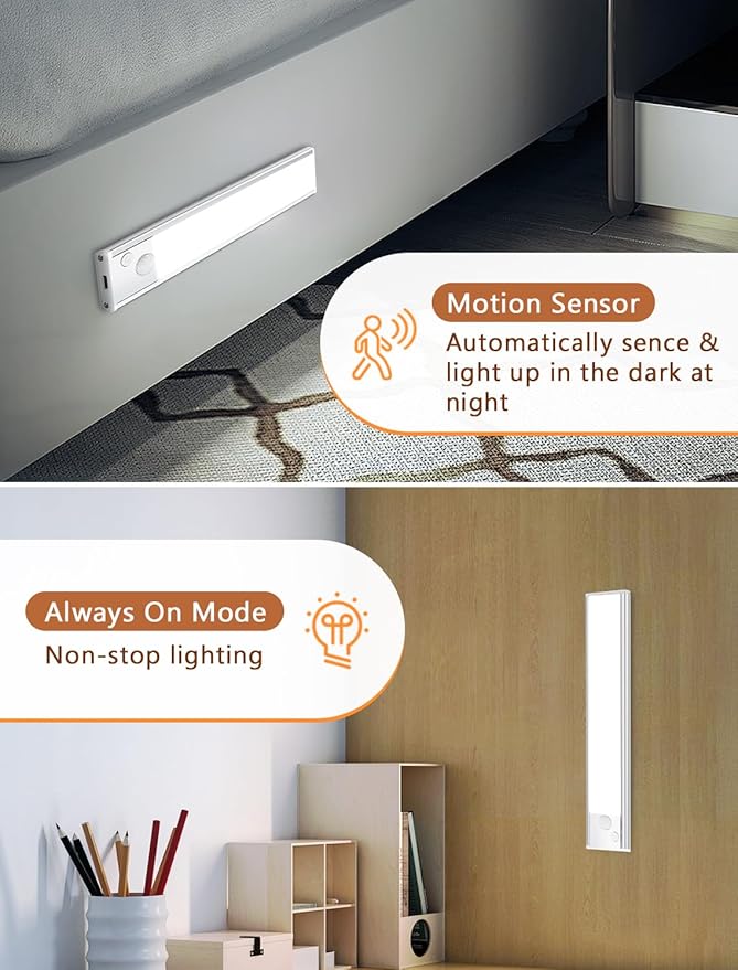 Under Cabinet Motion Sensor Lighting: 8 Inch Dimmable Rechargeable Lights Indoor - Battery Operated Lights - Undercabinet Closet Light Magnetic Led Light for Kitchen Home Bathroom Counter 6 Pack