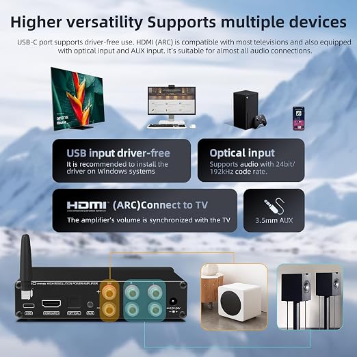 S.M.S.L A50 PRO HiFi Power Amplifier, High/Low pass filter 2.1-Channel, Infineon's MA12070P Chip, Bluetooth 5.0/USB/Optical/HDMI/AUX input Passive subwoofer with adjustable volume, with Remote Control
