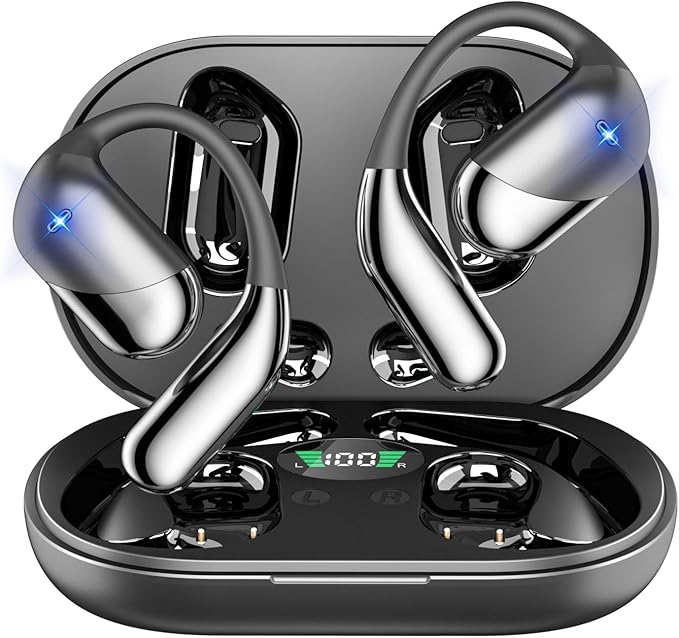 Open Ear Clip Wireless Earbuds Bone Conduction Headphones, Bluetooth Built-in Mic, Waterproof, LED Display Charging Case,Ear Hooks Ear Buds, Ultra-Comfort Design for Running/walking/office/workout