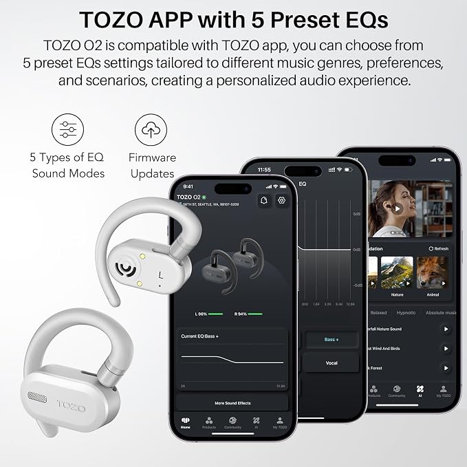 TOZO O2 True Open Ear Wireless Earbuds with Multi-Angle Adjustment, Bluetooth 5.3 Headphones with Bass Sound, Crystal-Clear Calls, 42 Hrs Playtime, Long-Lasting Comfort for Work, Driving, Sport White