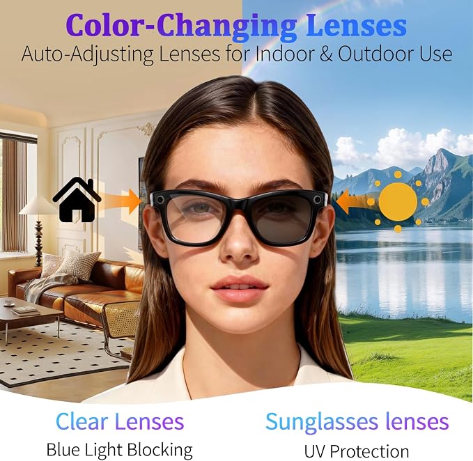 AI Smart Glasses with 8MP Camera, 1080P Video & HD Photo, Bluetooth Audio, AI Voice Assistant, Real-Time Translation, Object Recognition, Noise-Cancel Calls, Photochromic +2 Sunglasses Lenses