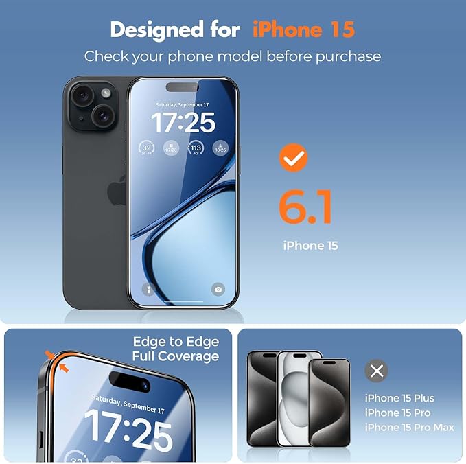 UNBREAKcable 3-Pack Screen Protector for iPhone 15, Double Shatterproof Tempered Glass [Easy Installation Frame] [99.99% HD Clear] [9H Hardness] [Full Coverage] [Case Friendly] for Apple 15 6.1 inch