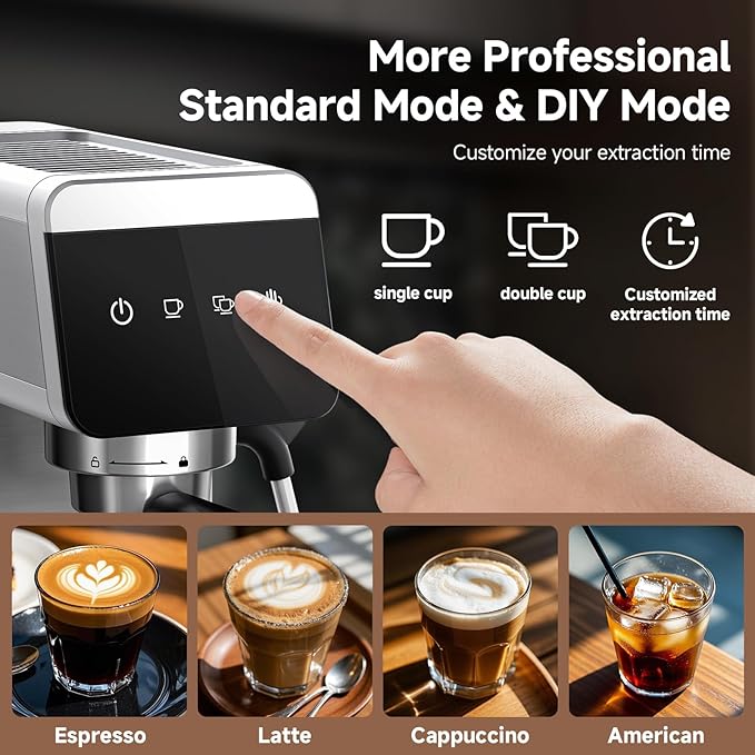 AMZCHEF Espresso Machine 20 Bar, Compact Coffee Maker with LED Touch Screen & Steam Milk Frother, Espresso Maker with 41oz Removable Water Tank for Home & Office, Coffee Machine for Cappuccino, Latte