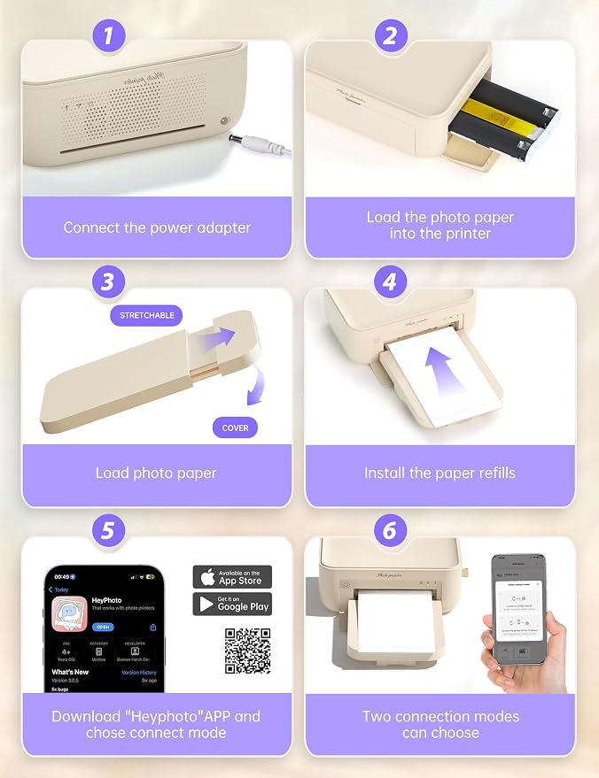iDPRT 4x6 Photo Printer, CP4100 Photo Printer for iPhone & Android with 20 Sheets & 1 Cartridges, Wi-Fi Wireless Portable Picture Printer, Instant Print Photos, Dye Sublimation, Ideal Gift, Beige