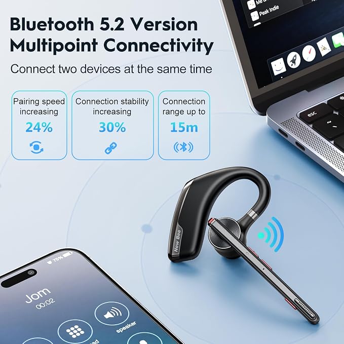 New Bee Bluetooth Headset, Wireless Bluetooth Earpiece for Cellphone with 500mah Charging Case 80h Playtime V5.2 Dual Mic Noise Cancelling Hands-Free Earphones for Office Driver
