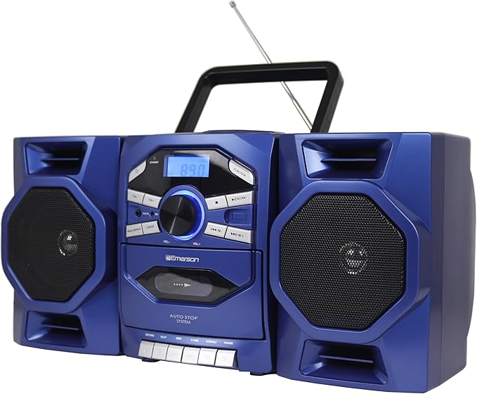 Emerson Portable CD Player Boombox with Cassette Player, Tape Recorder, AM/FM Radio, MP3 AUX Input, Detachable Speakers, AC/DC & Battery Operated – Stereo System for Home, Travel, Indoor & Outdoor Use