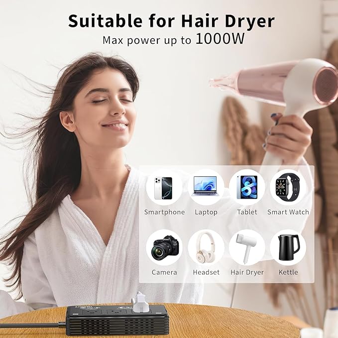 2000W Voltage Converter US to Europe for Hair Dryers, 7-in-1 220V to 110V Converter for European Travel with 3 AC/2 USBA/2 USBC Ports, Power Converter Adapter Combo with Type C/G/I/L Plugs (Black)
