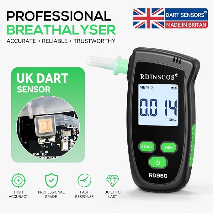 RDINSCOS Fuel Cell Breathalyzer with Active Pump Sampling Alcohol Tester | Rechargeable, Fast Accurate BAC Detector, Includes 5 Food-Grade Mouthpieces, Personal Safety Use