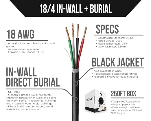 Voltive 18/4 Low Voltage Wire, in-Wall CL3 & Direct Burial, Black, 250ft - 18AWG, 4 Conductors, Stranded Bare Copper, UL Listed - V-1213-5