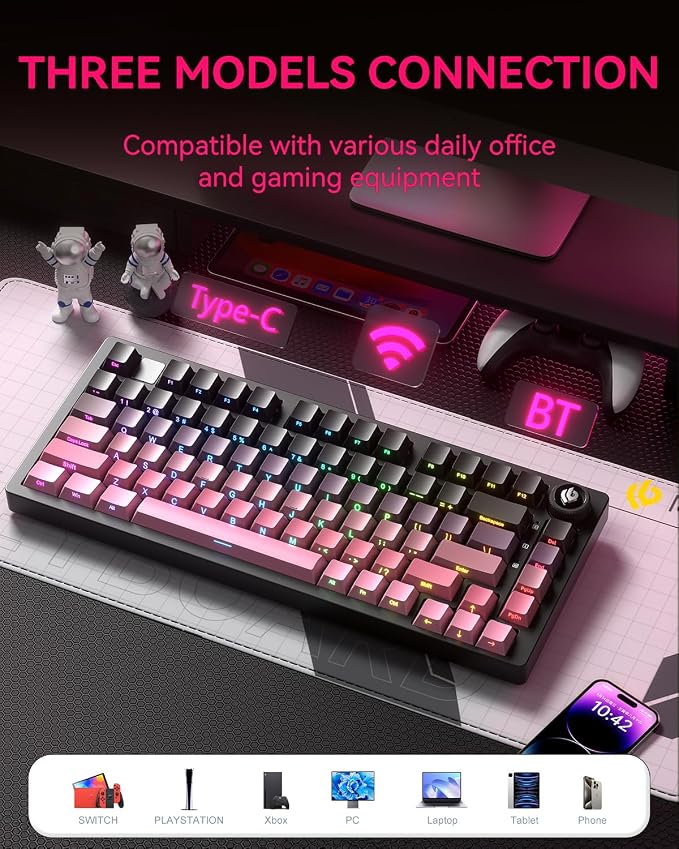 LEOBOG Wireless Mechanical Keyboard,75% Gasket Hot Swappable Custom Keyboard with Knob, 2.4GHz/USB-C/BT5.0 Mechanical Gaming Keyboards for PC/MAC/Windows - Seiya Switch, Black Pink (HI75C Pro)