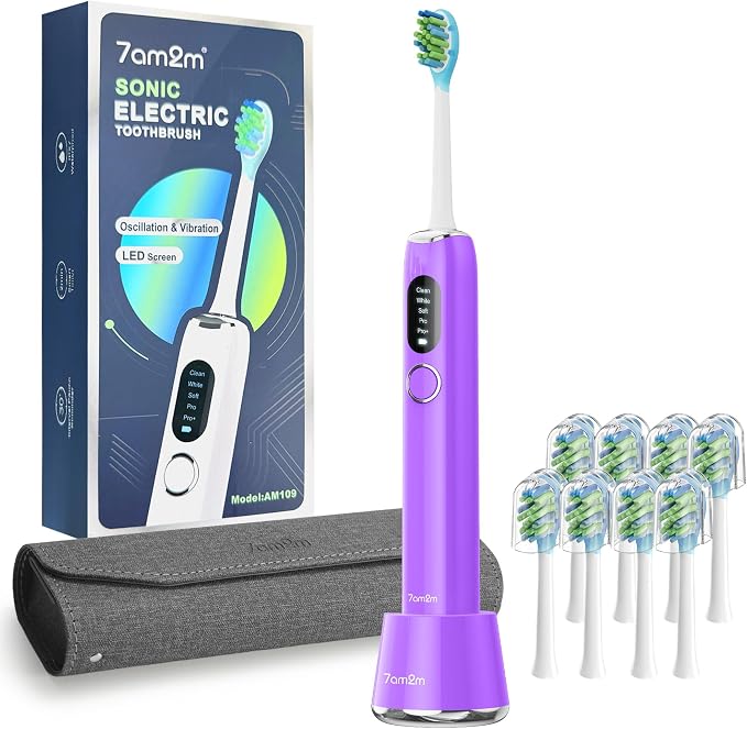 7AM2M Sonic Electric Toothbrush for Adults&Teens with LED Screen, 5 Modes, One Charge for 365 Days, 2 Minute Timer, with 8 Brush Heads and Travel Case (Purple)