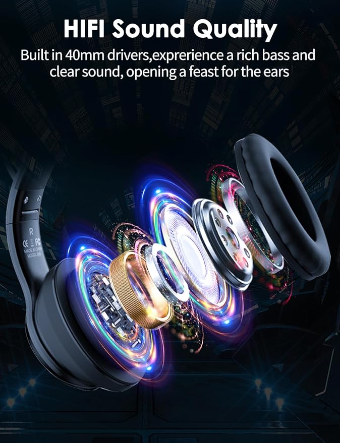 Cat Ear Bluetooth Headphones for Kids & Adults, 55H Play Time, Wireless Foldable & Wired Multi-Function LED Light Up Over Ear Headphones with Mic and Volume Control for iPhone/iPad/Laptop/PC