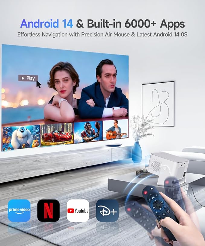 Smart Projector with 4K 8K Support, Android 14 mini Projector with Wifi and Bluetooth, 600 ANSI, Auto Focus & Keystone, Obstacle Avoidance, 1080P Portable Movie Proyector, HY350Max for Home Outdoor