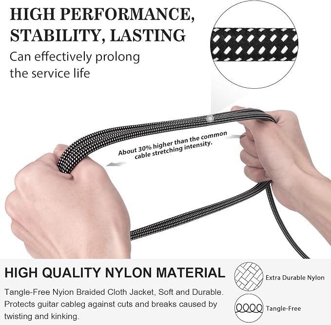 JOLGOO Guitar Cable, 1/4 Inch Cable 10 Ft, Straight to Right Angle 6.35mm Plug Bass Keyboard Instrument Cable, Black and Gray Tweed Cloth Jacket, Electric Mandolin, pro Audio