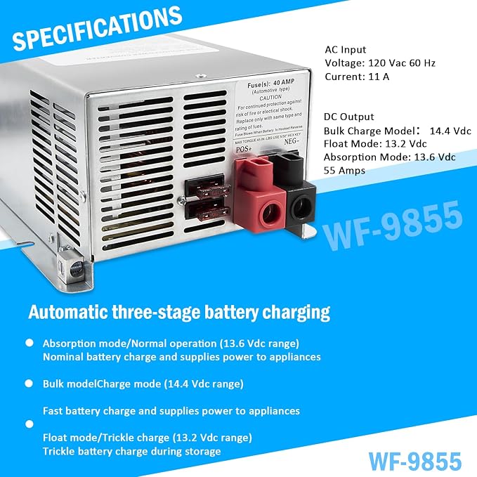 WF-9855 55 Amp Deck Mount Charger/Converter with Lithium-Ion Switch Replacement for RV Trailer Camper 9800 Series