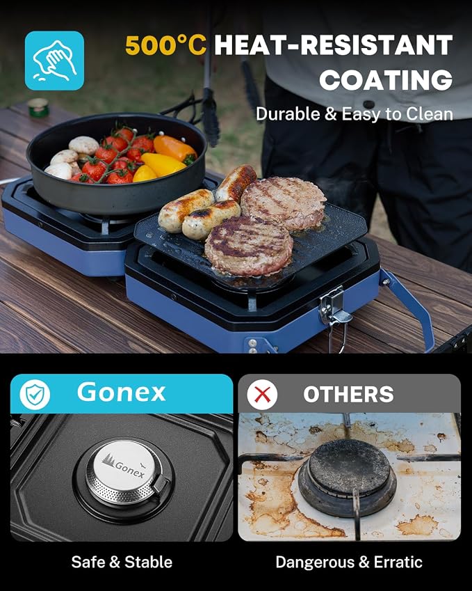Gonex Camping Stove with 2 Burner Griddle & Grates, Portable Foldable Cooking Stove with Total 16,000 BTU, Two Piezo Ignition Adjustable Burners for Camping (Blue)