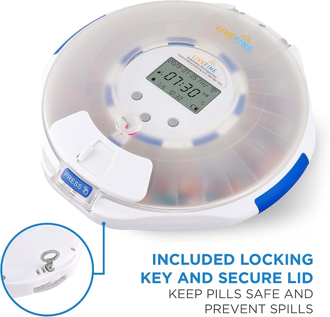 Live Fine Smart WiFi Automatic Pill Dispenser Frosted Lid | 28-Day Medication Organizer Up to 9 Doses Per Day for Care Monitoring with Lock Key, Light/Sound Alarms for Prescriptions & Vitamins
