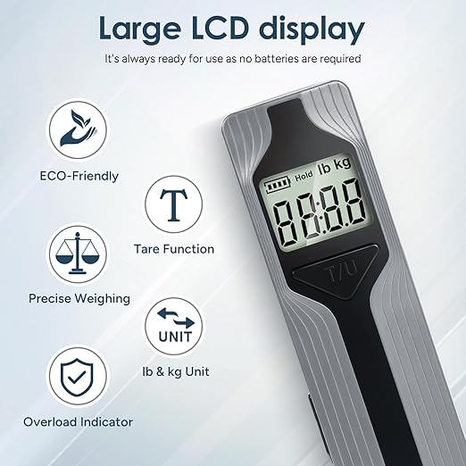 Battery-Free Luggage Scale – No Batteries Needed, Portable Digital Hanging Suitcase Weight Scale for Air Travel & Checked Bags, 110lb/50kg, LCD Display, Compact Travel Accessory